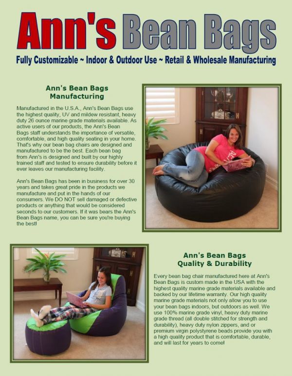 Ann's Bean Bags ~ High Quality Marine Vinyl Bean Bags and Indoor/Outdoor Beanbag Chairs