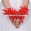 Red Chiffon Petaled Fingerless Wedding Gloves with Rhinestones