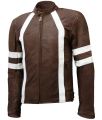 Mens White Detailed Brown Café Racer Leather Jacket
