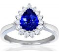Classic Untreated Blue Sapphire Pear Halo Ring with Prong Set Diamonds (1.15cttw)