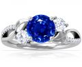 Three Stone Round Untreated Blue Sapphire ring with Round Side Diamonds and Pave Diamond Accents